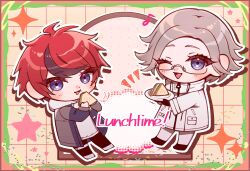ahoge aotsuki_eito black_hair blue_eyes blush border brown_background chibi chibi_only diamond_(shape) eating english_text eyelashes food full_body green_border grey_hair heart holding holding_food holding_plate holding_sandwich hoodie jacket looking_at_viewer messy_hair multicolored_eyes multicolored_hair open_mouth plate red_border red_eyes red_hair sandwich simple_background standing star_(symbol) sumino_takumi the_hundred_line_-last_defense_academy- white_background white_hoodie white_jacket yellow_background zipper_pull_tab