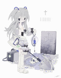 1girl bag bare_shoulders black_bow black_eyes black_gloves boots bow candle charm_(object) cross dirty dirty_face elbow_gloves english_text flower from_behind full_body gloves glowing grave grey_hair hair_between_eyes hair_ornament highres holding holding_lantern holding_shovel holding_weapon jacket knee_boots lantern latin_cross long_hair long_sleeves looking_at_viewer looking_back off_shoulder open_clothes open_jacket original outo_eguchi shovel signature simple_background skull sleeves_past_fingers sleeves_past_wrists slit_pupils solo standing tombstone two_side_up unworn_bag weapon white_background white_boots white_flower white_jacket yellow_pupils