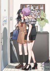 2girls bag bang_dream! bang_dream!_it&#039;s_mygo!!!!! black_hair black_shoes black_skirt black_socks brown_dress brown_shoes calendar_(object) closed_eyes closed_umbrella dress grey_shirt hanasakigawa_school_uniform hand_on_another&#039;s_neck handbag high-waist_skirt high_heels highres indoors loafers long_hair multiple_girls off-shoulder_shirt off_shoulder polaroid_photo portrait_(object) purple_hair sailor_collar sailor_dress school_bag school_uniform shirt shoes short_hair skirt slippers socks umbrella vase white_sailor_collar xiaowu0074 yahata_umiri yuri yuutenji_nyamu