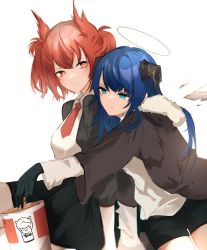 2girls absurdres animal_ears arknights bird_ears black_gloves black_jacket black_shorts blue_eyes blue_hair bucket collared_shirt demon_horns detached_sleeves energy_wings fiammetta_(arknights) food fur-trimmed_hood fur_trim gloves gupipy halo highres holding holding_food hood hood_down hooded_jacket horns jacket kfc leaning_over looking_at_viewer mostima_(arknights) multiple_girls necktie open_clothes open_jacket red_eyes red_hair red_necktie shirt shorts sitting white_shirt
