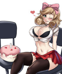 1girl birthday_cake blush bra breasts brown_hair cake cleavage food green_eyes haruka_(senran_kagura) highres large_breasts leonart looking_at_viewer medium_hair miniskirt one_eye_closed senran_kagura shirt sitting skirt thighhighs tied_shirt underwear white_background wink
