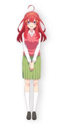 1girl ahoge black_shoes blue_eyes blush breasts collared_shirt dot_nose female_focus full_body go-toubun_no_hanayome green_skirt hair_ornament highres large_breasts legs long_hair long_sleeves looking_at_viewer miniskirt nakano_itsuki official_art open_mouth pleated_skirt red_hair red_sweater red_sweater_vest red_vest scan school_uniform shirt shirt_under_sweater shirt_under_vest shoes simple_background skirt smile socks solo solo_focus star_(symbol) star_hair_ornament sweater sweater_vest thighs vest white_shirt white_socks