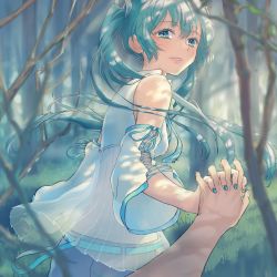 1boy 1girl akizakura_mns alternate_costume aqua_eyes aqua_hair aqua_nails aqua_necktie bare_shoulders belt blouse blue_skirt commentary dappled_sunlight detached_sleeves forest hair_ornament half-closed_eyes hatsune_miku highres holding_hands interlocked_fingers lace-up_sleeves light_smile lips long_hair looking_at_viewer master_(vocaloid) nail_polish nature necktie outdoors parted_lips pov pov_hands see-through_clothes shirt sidelighting skirt sleeveless sleeveless_shirt sunlight tree twintails very_long_hair vocaloid white_shirt white_sleeves