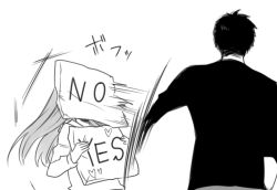 10s 1boy 1girl admiral_(kancolle) admiral_shinonome_harutora image_sample kantai_collection long_hair monochrome nagomi_(mokatitk) no pillow rejection suzuya_(kancolle) throwing yes-no_pillow