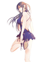 1girl adjusting_footwear ass backless_dress backless_outfit bare_shoulders black_hair blue_dress breasts dress earrings final_fantasy final_fantasy_vii final_fantasy_vii_remake from_behind gold_earrings high_heels highres jewelry large_breasts long_hair looking_at_viewer looking_back mixmomo_yah parted_lips red_eyes short_dress sideboob simple_background soles solo standing standing_on_one_leg thighs tifa_lockhart tifa_lockhart_(refined_dress) very_long_hair white_background