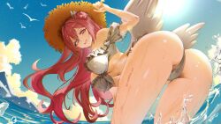 Rule 34 | 1girl, alternate costume, arbiterlewd, ass, bare shoulders, bikini, blush, breasts, detached sleeves, dorothy (nikke), double bun, from behind, goddess of victory: nikke, grin, hair bun, hat, large breasts, leaning, leaning forward, long hair, looking at viewer, pink eyes, pink hair, smile, solo, swimsuit, thong, thong bikini, very long hair, water, wet, wings