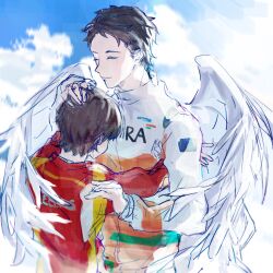 2boys angel animification black_hair brown_hair charles_leclerc closed_eyes cloud formula_one hair_behind_ear hechahuaji hug jacket jules_bianchi jumpsuit male_focus multiple_boys orange_jumpsuit racing_suit real_life red_jacket short_hair sketch sky smile wings