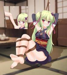 2girls absurdres armpits arms_behind_head bare_shoulders barefoot bdsm blunt_bangs blurry blurry_background blush bondage bound bound_legs bound_torso breasts butterfly_hair_ornament chinese_commentary cleave_gag cloth_gag commentary_request commission criss-cross_halter detached_sleeves eyes_visible_through_hair feet femdom full_body furrowed_brow gag gagged green_hair hair_ornament hair_ribbon halterneck heart heart-shaped_pupils highres hime_cut improvised_gag indoors jiayuansi knees_up long_hair long_sleeves looking_at_viewer multiple_girls murasame_(senren) panties pom_pom_(clothes) red_eyes red_ribbon red_sash restrained ribbon rope sash second-party_source senren_banka shadow shibari sidelocks small_breasts soles solo_focus straight_hair symbol-shaped_pupils thighs toes two_side_up underwear very_long_hair white_panties yuri