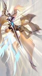 Rule 34 | 1boy, absurdres, antenna hair, armor, black choker, black shirt, blue cape, blue eyes, cape, choker, coat, flying, grey pants, halo, halo behind head, hashtag-only commentary, highres, holding, holding sword, holding weapon, honkai: star rail, honkai (series), light rays, male focus, pants, pauldrons, phainon (honkai: star rail), shiozawahoushou, shirt, short hair, shoulder armor, sideways, single pauldron, solo, sword, thigh strap, weapon, white coat, white hair, wings