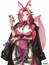 1girl absurdres animal_ear_fluff animal_ears black_coat blush breasts cellphone cleavage coat coat_on_shoulders covered_navel detached_collar dress earrings fate/grand_order fate_(series) fox_ears fox_girl fox_tail gold_trim highres jewelry koyanskaya_(fate) large_breasts long_hair looking_at_viewer pantyhose parted_bangs pelvic_curtain phone pink_dress pink_hair round_eyewear shibao_aoyama smile solo sunglasses tail tamamo_(fate) tassel thigh_strap thighs unworn_eyewear white_pantyhose wrist_cuffs yellow_eyes