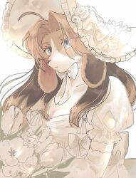 1girl animal_ears blue_eyes bonnet bouquet bow bow_choker breasts brown_hair choker cleavage dog_ears dog_girl dress elbow_gloves flower furry furry_female gloves hat highres holding holding_bouquet long_hair original protected_link puffy_short_sleeves puffy_sleeves rata_(norahasu) short_sleeves simple_background small_breasts solo upper_body white_background white_bow white_choker white_dress white_flower white_gloves white_hat