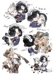 5girls adjusting_headphones angry animal_head anjo_nala apron argus_(reverse:1999) barbara_(reverse:1999) black_coat black_hair black_hat blank_eyes blonde_hair braid brown_hat brown_sleeves chibi closed_eyes coat collage cone_hair_bun cowboy_hat cropped_torso detached_sleeves double_bun dress english_text flying_sweatdrops full_body grey_eyes grey_hair grey_jacket gun hair_bun hair_ornament hair_over_one_eye hand_on_own_hip hand_up hands_up hat headphones heart holding holding_gun holding_weapon hug ing_(ing205509) jacket long_braid long_sleeves maid maid_headdress middle_finger ms._kimberly_(reverse:1999) multiple_girls neckerchief one_eye_closed one_eye_covered open_mouth purple_dress purple_eyes reverse:1999 rifle scar scar_across_eye scar_on_face sheep_girl sheep_hair_ornament sheep_head short_hair single_braid smile tank_top tuesday_(reverse:1999) upper_body vertin_(reverse:1999) walking weapon white_apron white_background white_hat white_neckerchief white_tank_top