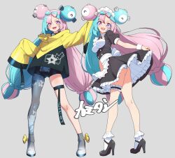 1girl apron black_dress black_ribbon black_shoes blue_hair blue_light blush bow-shaped_hair breasts character_hair_ornament collar commentary_request creatures_(company) detached_collar double_bun dress fake_hair_bun frilled_apron frills game_freak gen_1_pokemon gluteal_fold grey_background grey_pantyhose hair_bun hair_ornament high_heels highres iono_(pokemon) jacket kamidan kneepits long_hair long_sleeves looking_at_viewer low-tied_long_hair magnemite maid maid_apron maid_headdress medium_breasts multicolored_hair multiple_views neck_ribbon nintendo open_mouth oversized_clothes pantyhose pink_hair pokemon pokemon_sv ribbon sharp_teeth shoes short_dress short_sleeves simple_background single_leg_pantyhose sleeveless sleeves_past_fingers sleeves_past_wrists smile socks split-color_hair teeth thighs two-tone_hair upper_teeth_only v-shaped_eyebrows very_long_sleeves waist_apron white_apron white_collar white_socks yellow_jacket
