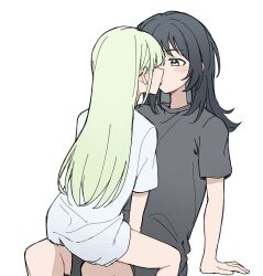 Rule 34 | 2girls, bang dream!, bang dream! it&#039;s mygo!!!!!, black hair, black shirt, black shorts, blue eyes, blush, commentary, green hair, hashtag-only commentary, highres, jenjen, kiss, long hair, medium hair, multiple girls, on lap, shirt, shorts, simple background, sitting, wakaba mutsumi, white background, white shirt, white shorts, yahata umiri, yuri