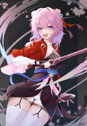 1girl :d absurdres bell belt black_dress blue_belt commentary cowboy_shot dress garter_straps hair_bell hair_intakes hair_ornament highres holding holding_sword holding_weapon honkai:_star_rail honkai_(series) jacket jingle_bell looking_at_viewer march_7th_(honkai:_star_rail) march_7th_(hunt)_(honkai:_star_rail) official_alternate_costume official_alternate_hairstyle open_mouth pink_hair pisuke_(user_kcmh2774) purple_eyes red_jacket short_hair smile solo standing sword thighhighs thighs weapon white_thighhighs
