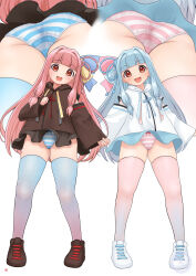 2girls :d a.i._voice absurdres ass black_shoes blue_hair blue_panties blue_thighhighs blunt_bangs bow bow_panties commentary_request commission highres kotonoha_akane kotonoha_aoi long_hair long_sleeves mtu_virus multiple_girls multiple_views nao_suke open_mouth panties pantyshot pink_hair pink_panties pink_thighhighs red_eyes shoes siblings sisters skeb_commission skindentation smile sneakers thighhighs underwear upskirt very_long_hair white_shoes