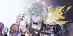 Rule 34 | 1boy, aglaea (honkai: star rail), anaxa (honkai: star rail), antenna hair, black choker, black shirt, blood, blood on face, blood splatter, blue eyes, castorice (honkai: star rail), chess piece, choker, coat, commentary request, flame reaver of the deepest dark, highres, holding, holding chess piece, honkai: star rail, honkai (series), lilaclilac00, male focus, mydei (honkai: star rail), neck tattoo, parted bangs, phainon (honkai: star rail), shirt, short hair, solo, split theme, sun symbol, sun tattoo, tan, tattoo, tribbie (honkai: star rail), white coat, white hair, yellow blood