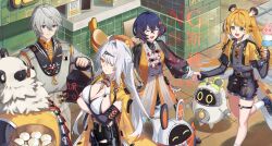 2boys 3girls ahoge animal_ears bangboo_(zenless_zone_zero) belle_(delicate_daylight)_(zenless_zone_zero) black_gloves black_shirt black_shorts chinese_clothes collared_shirt crossed_arms dress dress_over_shirt elbow_gloves eous_(zenless_zone_zero) fat fat_man fingerless_gloves gloves green_eyes grey_hair grey_pants grey_shirt hair_between_eyes hair_ornament high-waist_shorts highres jacket ju_fufu letter_hair_ornament multicolored_fur multiple_boys multiple_girls official_alternate_costume orange_dress orange_fur orange_hair pan_yinhu panda_boy panda_ears pants pantyhose round_eyewear shidare_(youh4016) shirt short_hair shorts siblings single_elbow_glove single_hair_intake smile striped_fur striped_hair tail thigh_strap tiger_ears tiger_girl tiger_tail white_fur white_hair white_pantyhose wise_(soaring_crane)_(zenless_zone_zero) yellow_eyes yellow_jacket yi_xuan_(zenless_zone_zero) yin_yang_pin zenless_zone_zero