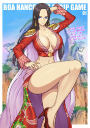 1girl amazon_lily arm_up ass black_hair blue_eyes blue_sky boa_hancock breasts cleavage earrings english_text hand_on_own_hip high_heels jewelry leg_up looking_at_viewer one_piece redjet sky solo standing standing_on_one_leg tagme