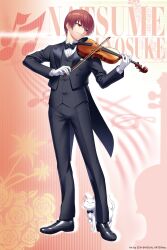 1boy black_jacket black_pants black_shoes bow_(music) brown_hair cat character_name coattails formal_clothes full_body highres instrument jacket little_busters! music natsume_kyousuke official_art pants playing_instrument red_eyes shoes short_hair solo tuxedo tuxedo_jacket violin zen_(kamuro)