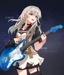 1girl black_choker black_nails black_shorts catowjeemson chinese_commentary choker commentary_request electric_guitar flower_stand_art garter_straps girls_band_cry grey_hair guitar highres instrument kawaragi_momoka long_hair multicolored_hair nail_polish open_mouth red_nails roots_(hair) shorts sidelocks solo teeth upper_teeth_only