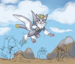 Rule 34 | blonde hair, blue eyes, digimon, digimon (creature), junkmon, sky, sparkle, tobucatmon, wings