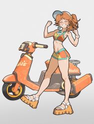 Rule 34 | 1girl, bare shoulders, bikini, breasts, brown hair, closed eyes, commentary, crop top, daniel deng, earrings, english commentary, flower earrings, hat, highres, jewelry, looking at viewer, mario (series), mario kart, mario kart world, midriff, moped, motor vehicle, motorcycle, navel, nintendo, official alternate costume, open mouth, orange sandals, orange sports bra, ponytail, princess daisy, princess daisy (swimwear) (mario kart world), sandals, shorts, smile, solo, sports bra, swimsuit, teeth, white hat, yellow shorts, yellow sports bra