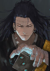 Rule 34 | 1boy, absurdres, black hair, blue eyes, closed eyes, closed mouth, cube, eyelashes, facing viewer, fingernails, getou suguru, getou suguru (kenjaku), highres, japanese clothes, jujutsu kaisen, kenjaku, long earlobes, long hair, male focus, neko no kedama, simple background, solo