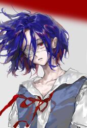 Rule 34 | 1boy, absurdres, ayanami rei, ayanami rei (cosplay), blue hair, blue vest, colored eyelashes, colored inner hair, cosplay, crossdressing, diurtion, eyepatch, floating hair, gundam, gundam gquuuuuux, highres, male focus, medical eyepatch, multicolored hair, neck ribbon, neon genesis evangelion, parted lips, red eyes, red hair, red ribbon, ribbon, school uniform, shirt, short hair, short sleeves, shuji ito, solo, tokyo-3 middle school uniform, two-tone hair, upturned eyes, vest, white shirt, wind