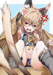 1girl absurdres anger_vein angry arm_up armpits bike_shorts boots bow box bridal_gauntlets cardboard_box choker crop_top crossed_bangs double-parted_bangs fall4592 fang furrowed_brow genshin_impact green_eyes hair_between_eyes hair_bow hair_intakes hair_ornament hairclip hand_up highres in_box in_container kirara_(genshin_impact) knees_up long_hair looking_at_viewer multiple_tails navel nekomata open_mouth sitting solo stomach tail two_tails variant_set