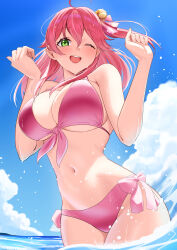 1girl absurdres alternate_costume arisugawa_ya bell bikini blue_sky blush breasts cleavage cloud cloudy_sky commentary_request day green_eyes hair_bell hair_ornament hands_up highres hololive jingle_bell large_breasts long_hair looking_at_viewer navel one_eye_closed one_side_up open_mouth outdoors pink_bikini pink_hair sakura_miko sky smile solo swimsuit virtual_youtuber