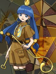 1girl belt belt_buckle black_belt black_thighhighs blue_eyes blue_hair blunt_bangs brown_shirt brown_shorts buckle buttons closed_mouth collared_shirt earrings facial_mark facial_tattoo feet_out_of_frame fossilized_wonders from_below gold gold_buckle gold_earrings hair_bobbles hair_ornament headpiece highres holding holding_polearm holding_scepter holding_weapon jewelry kaigen_1025 key key_earrings long_hair looking_at_viewer looking_back michigami_nareko open_mouth pocket polearm scepter shirt shorts smile solo tattoo thighhighs touhou weapon