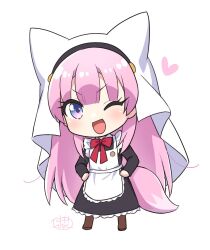 1girl ;d alternate_costume animal_ear_headwear animal_ears apron black_dress blue_eyes blunt_bangs blush bow bowtie chibi chibi_only commentary_request dress enmaided eyelashes eyes_visible_through_hair fake_animal_ears fox_ears fox_girl fox_tail frilled_apron frilled_dress frills full_body hands_on_own_hips happy heart kamisama_ni_natta_hi kemonomimi_mode long_dress long_hair long_sleeves looking_at_viewer maid maid_apron nakamura_hinato one_eye_closed open_mouth pink_hair red_bow red_bowtie satou_hina_(kamisama_ni_natta_hi) sidelocks signature simple_background smile solo standing tail tareme v-shaped_eyebrows veil very_long_hair white_apron white_background white_veil