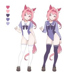 1girl adapted_costume animal_ears blush bow bowtie brown_shoes commentary_request contrapposto ear_bow ear_covers flat_chest full_body grin hair_intakes hairband haru_urara_(umamusume) highres horse_ears horse_girl horse_tail horseshoe_ornament leotard loafers long_hair long_sleeves looking_at_viewer multicolored_leotard multiple_views pink_eyes pink_hair puffy_short_sleeves puffy_sleeves purple_bow purple_bowtie purple_leotard purple_thighhighs red_hairband school_uniform shoes short_sleeves simple_background smile standing tail thighhighs tracen_school_uniform two-tone_leotard ugohato umamusume white_background white_bow white_leotard white_thighhighs
