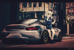 1girl blue_hoodie blue_shoes car cellphone cross_hair_ornament grey_hair hair_intakes hair_ornament highres holding holding_phone hood hood_down hoodie long_hair looking_at_viewer motor_vehicle nougat_(no_9ada) original phone photo_background porsche porsche_cayman purple_eyes road_sign shadow shoes sign signature smartphone sneakers solo sports_car vehicle_focus