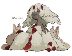 1girl blonde_hair claws closed_eyes colored_eyelashes creature dark-skinned_female dark_skin extra_arms faputa highres knees_up made_in_abyss monster_girl own_hands_clasped own_hands_together sharp_teeth simple_background sitting sleeping solo tail teeth torori_toro_(oimo_kenpi) white_background