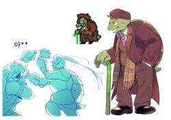 1boy 1girl beard black_shoes brown_hat brown_jacket brown_pants cane colored_skin deltarune facial_hair full_body furry furry_male gerson green_skin hand_in_pocket hat highres jacket male_focus multiple_views necktie old old_man open_mouth pants pink_necktie reference_inset shoes shout_ing simple_background solo_focus susie_(dark_world)_(deltarune) susie_(deltarune) tail turtle_boy turtle_shell white_background