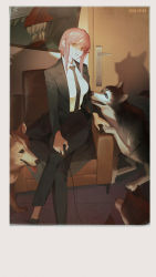 1girl absurdres animal black_necktie black_pants braid braided_ponytail business_suit chainsaw_man collared_shirt crossed_legs denji_(chainsaw_man) dog door formal_clothes high-waist_pants highres holding holding_leash husky indoors leash long_coat looking_at_viewer makima_(chainsaw_man) medium_hair necktie office_lady pants red_hair ringed_eyes shirt shirt_tucked_in sidelocks sitting suit syusuke0229 yellow_eyes