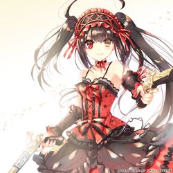 1girl antique_firearm asymmetrical_hair bad_id bad_pixiv_id bare_shoulders black_hair breasts choker cleavage clock_eyes corset date_a_live detached_sleeves dual_wielding female_focus fingernails firearm firelock flintlock gothic_lolita gun handgun heterochromia holding lolita_fashion long_fingernails long_hair medium_breasts pistol red_eyes ribbon_choker smile solo symbol-shaped_pupils tokisaki_kurumi trianon twintails upper_body watermark weapon web_address yellow_eyes