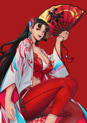 1girl absurdres artist_name black_hair breasts brown_eyes cleavage collarbone commentary english_commentary fatal_fury feet_out_of_frame folding_fan from_side hair_behind_ear hair_ornament hand_fan haori highres holding holding_fan japanese_clothes large_breasts long_hair midriff navel official_alternate_costume open_mouth pants red_background red_bustier red_pants shiranui_mai snk solo straight_hair strapless street_fighter street_fighter_6 the_king_of_fighters tre_artz tube_top