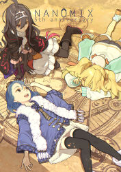 Rule 34 | 3girls, ahoge, anniversary, black footwear, black gloves, black hair, black jacket, black leggings, black thighhighs, blonde hair, blue eyes, blue hair, blue shirt, boots, brown footwear, brown necktie, brown shorts, character request, closed eyes, closed mouth, commentary request, elbow gloves, english text, feet out of frame, full body, gloves, hidari (left side), jacket, leggings, long hair, long sleeves, looking at another, lying, miniskirt, multiple girls, nano mikusu, nanomix, necktie, on back, on stomach, open mouth, puffy long sleeves, puffy sleeves, second-party source, shirt, short hair, short twintails, shorts, sitting, skirt, smile, teeth, thighhighs, twintails, upper teeth only, white jacket, white shorts, white skirt, zettai ryouiki