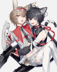 Rule 34 | 2boys, absurdres, akechi gorou, amamiya ren, anchun (quail0503), animal ears, arms around waist, black arm warmers, black boots, black eyes, black hair, black pants, blood, bloody weapon, boots, cat boy, cat ears, cat tail, collar, crossdressing, fang, frilled hairband, frilled shirt, frilled shirt collar, frilled shorts, frills, gun, hairband, hand on another&#039;s shoulder, heart on cheek, highres, holding, holding gun, holding knife, holding leash, holding weapon, kemonomimi mode, knife, leash, looking at viewer, male focus, multiple boys, necktie, pants, persona, persona 5, persona 5 the royal, rabbit boy, rabbit ears, rabbit tail, red collar, shirt, shorts, simple background, spiked collar, spikes, striped necktie, tail, thighhighs, weapon, white shorts, white thighhighs, yaoi