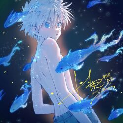 Rule 34 | 1boy, blue eyes, commentary, commentary request, dated, fish, heart, highres, hunter x hunter, kiko, killua zoldyck, looking at viewer, male focus, mixed-language commentary, pants, short hair, signature, skinny, solo, species request, spiked hair, topless male, white hair