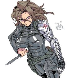 absurdres bodysuit breasts brown_hair bucky_barnes captain_america:_the_winter_soldier captain_america_(series) commentary_request coso-ri cyborg fingerless_gloves genderswap genderswap_(mtf) gloves hair_between_eyes highres holding holding_knife holding_weapon holster knife knife_sheath looking_at_viewer marvel marvel_cinematic_universe mechanical_arms pink_eyes prosthesis prosthetic_arm reverse_grip sheath single_fingerless_glove single_glove single_mechanical_arm weapon white_background winter_soldier