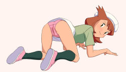 1girl all_fours beret bianca_(pokemon_heroes) blush brown_hair cameltoe closed_mouth commentary_request eyelashes full_body green_shirt hat highres looking_back medium_hair miraa_(chikurin) nintendo panties pink_panties pink_shoes pokemon pokemon_(anime) pokemon_(classic_anime) pokemon_heroes:_latios_&amp;_latias shirt shoes short_sleeves simple_background skirt socks solo underwear white_hat white_skirt