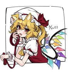 1girl animal_ears ascot blonde_hair cat_day cat_ears cat_girl collar commentary_request crystal crystal_wings fang flandre_scarlet hat hat_ribbon highres holding holding_collar ichigo_mogu_15 kemonomimi_mode long_hair looking_at_viewer mob_cap multicolored_wings open_mouth puffy_short_sleeves puffy_sleeves red_eyes red_vest ribbon shirt short_sleeves side_ponytail smile solo touhou vest white_hat white_shirt wings wrist_cuffs yellow_ascot