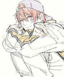 Rule 34 | 1boy, arms on knees, backwards hat, baseball cap, cat, closed mouth, commentary, hair between eyes, hat, ittoki otoya, jacket, long sleeves, looking to the side, male focus, orange eyes, orange hair, sideways glance, simple background, sketch, smile, solo, squatting, tobotobooo, uta no prince-sama, white background, white hat