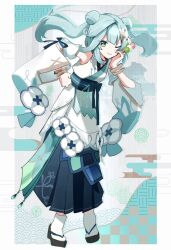 Rule 34 | 1girl, adapted costume, alternate costume, aqua hair, blue background, blue skirt, border, bracelet, commentary request, dango, detached sleeves, double bun, egasumi, faruzan (genshin impact), flower, food, full body, genshin impact, green eyes, hair bun, hair ornament, hakama, hakama skirt, hand up, highres, holding, holding food, japanese clothes, jewelry, long hair, looking at viewer, one eye closed, sandals, sanshoku dango, sash, skirt, smile, socks, solo, standing, twintails, utori (tanakautori), wagashi, white border, white flower, white socks, x hair ornament