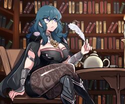 Rule 34 | 1girl, armor, ass, black armor, black cape, blue hair, book, bookshelf, breasts, brown pantyhose, female byleth (fire emblem), cape, chair, cleavage, commentary, crossed legs, english commentary, fire emblem, fire emblem: three houses, hair between eyes, holding, holding quill, indoors, large breasts, lips, long hair, missandydandy, nintendo, pantyhose, pink lips, purple eyes, quill, sitting, solo, table, thick thighs, thighs