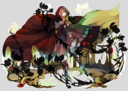 Rule 34 | 1girl, :d, basket, black boots, black gloves, boots, bow, bowtie, braid, brown dress, brown hair, cloak, crossover, cthulhu mythos, disembodied eye, dress, elbow gloves, erc, fang, frilled dress, frilled gloves, frills, full body, gloves, green eyes, grey pantyhose, hastur, high heel boots, high heels, highres, holding, holding basket, hood, hood up, hooded cloak, knife, lace-up boots, layered gloves, leaf, liquid, little red riding hood (fairy tale), little red riding hood (fairy tale character), long hair, looking at viewer, open mouth, pantyhose, picnic basket, plant, red cloak, sleeveless, sleeveless dress, smile, solo, standing, standing on one leg, striped clothes, striped pantyhose, swept bangs, twin braids, two-sided cloak, two-sided fabric, v arms, vertical-striped clothes, vertical-striped pantyhose, white gloves, yellow bow, yellow bowtie, yellow cloak